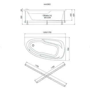 Акриловая ванна 1ACReal Мадрид Щ0000046659 левая 170x95 см на Х-каркасе белый